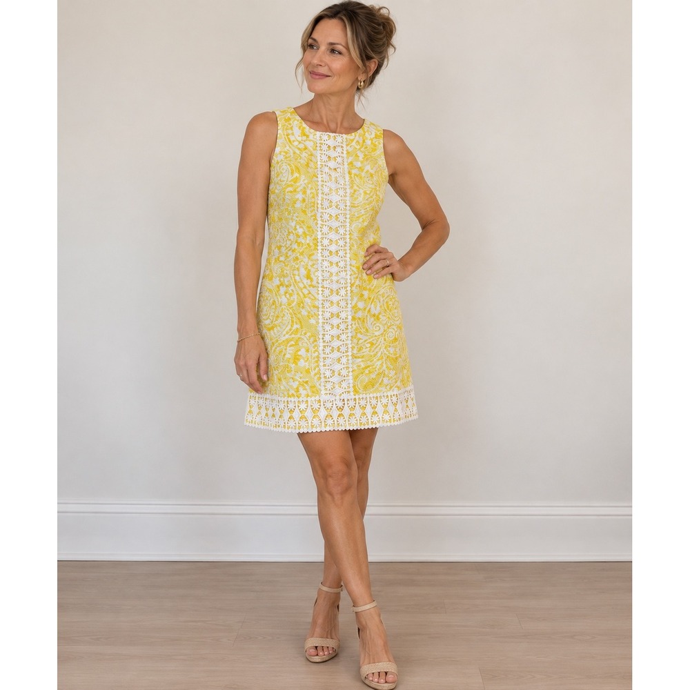 Eliza J Yellow White Paisley Lace Trim Sleeveless Sheath Dress Sz 4P Resort